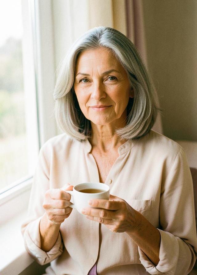A woman with grey hair holding a warm cup beside a window