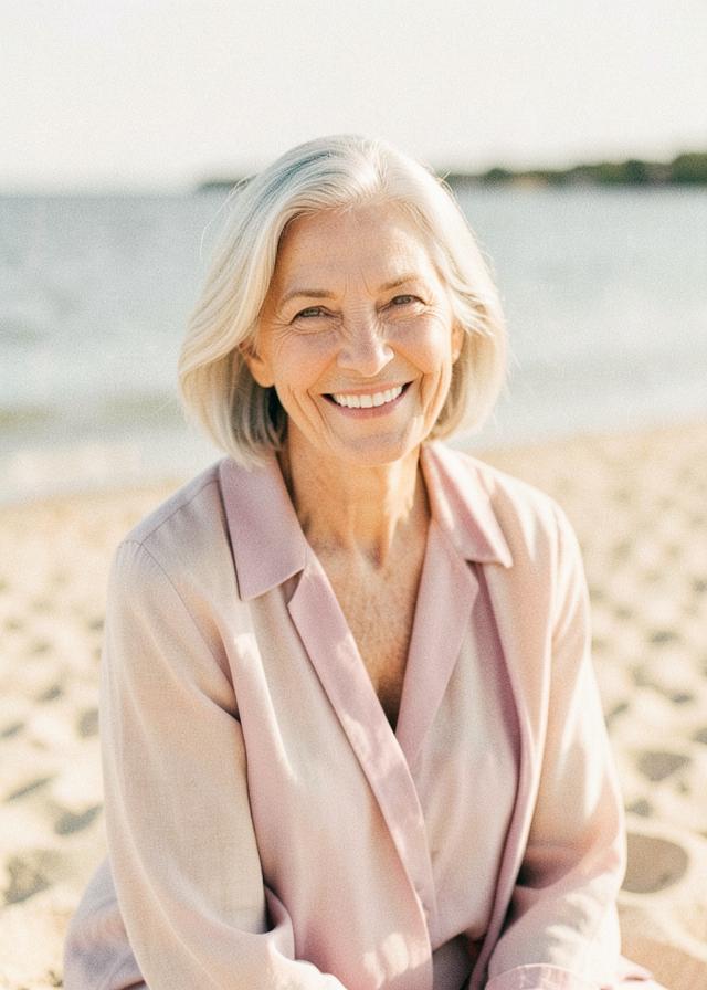 An older woman smiling on a sunlit beach